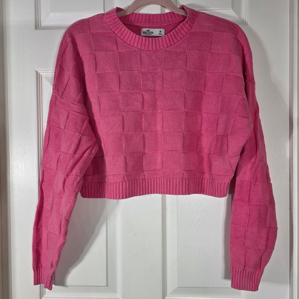 Hollister Pink Checkered Crop Pullover Knit Sweater Size Medium